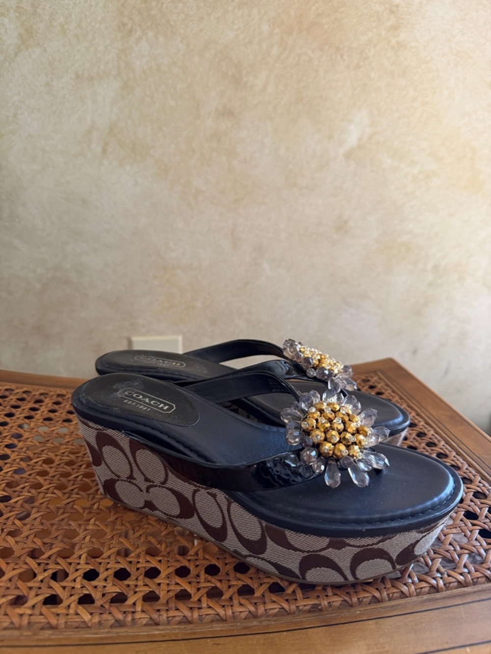 Coach Black Wedge Thong Sandals with Gold & Clear Crystal Floral Accents